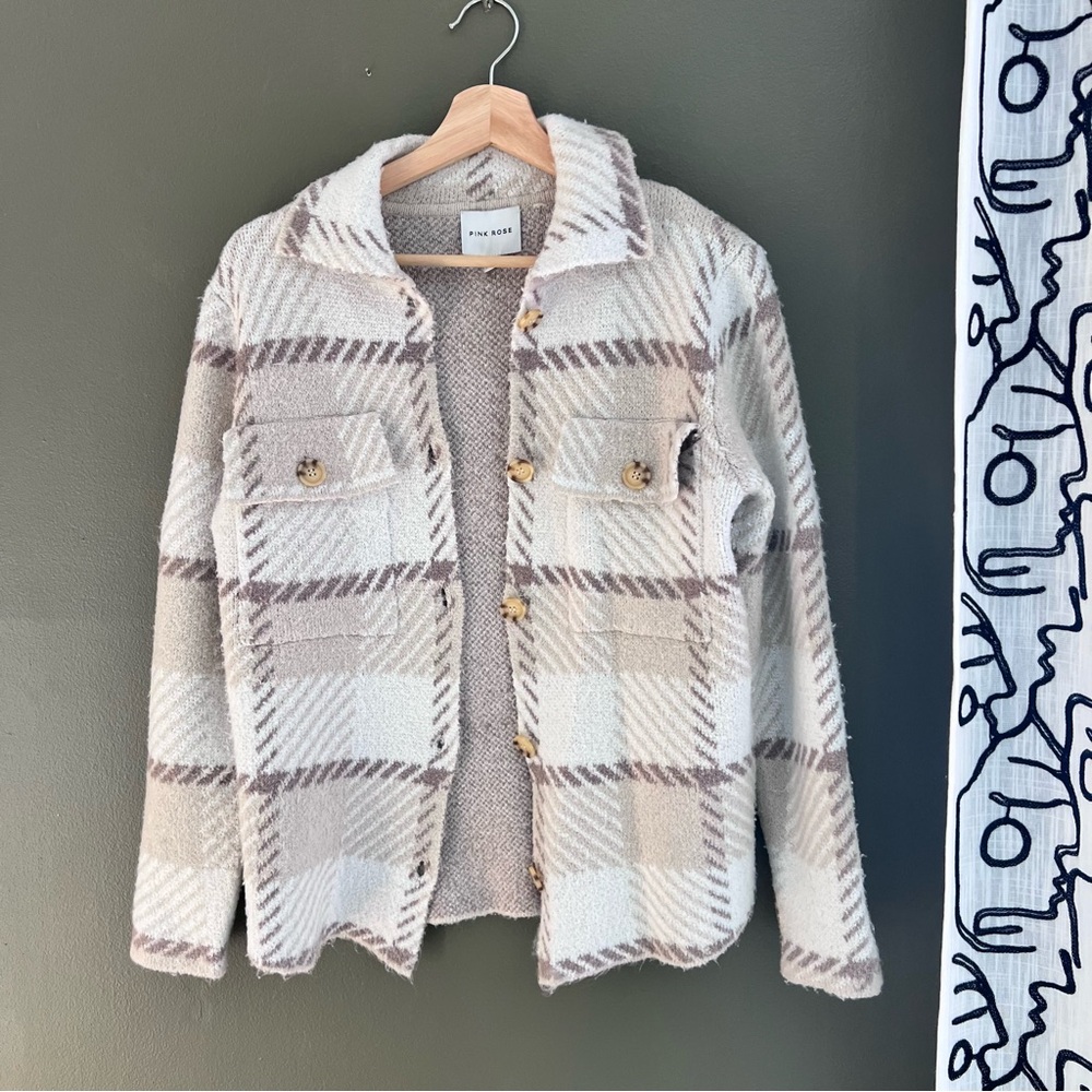 PINK ROSE  plaid button down FUZZY SHACKET